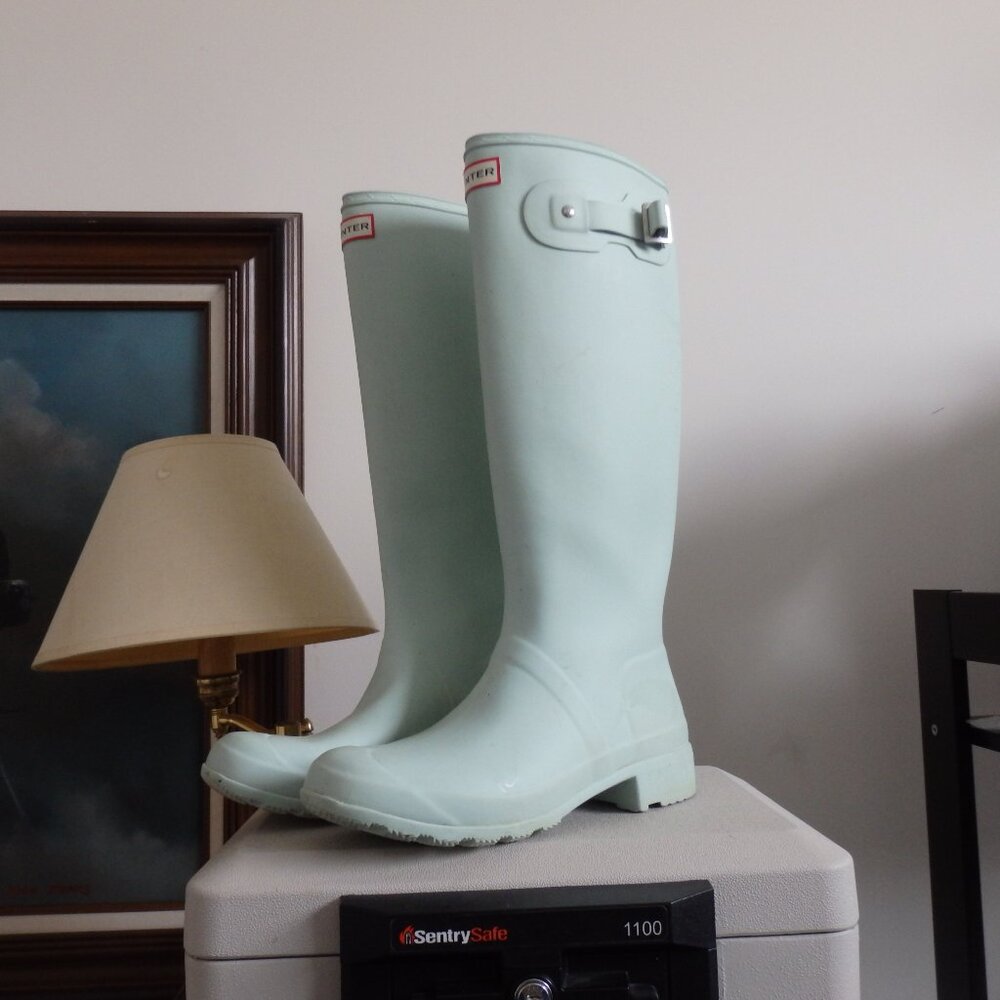 Mint green packable Hunter boots